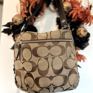 Brown & Tan Medium Size Logo Print Coach Bag with Adjustable Strap & Key Tag!